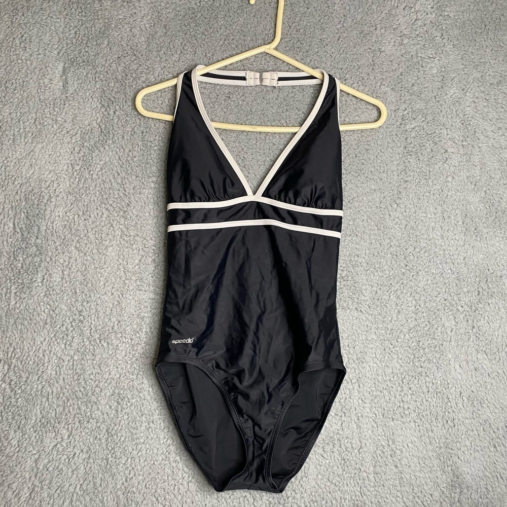 Speedo women's black one piece swimsuit competition halter summer padded 10